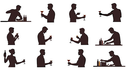 Silhouettes of bartender preparing and serving cocktails in various poses  