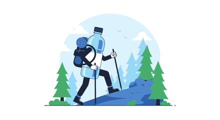 Quirky Water Bottle Hiker Adventure In Nature Scene Cartoon Illustration