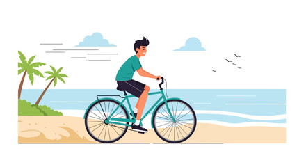 Obraz premium Man Riding Bicycle Along the Sandy Beach, Enjoying Scenic Seaside Landscape