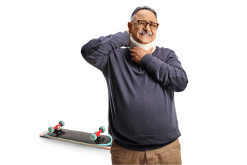 Mature man with injured neck after a skateboard accident