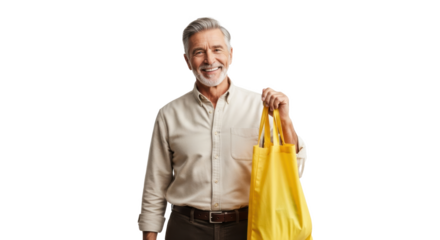 Smiling man with gray hair holding a yellow bag against a black background in a studio shot