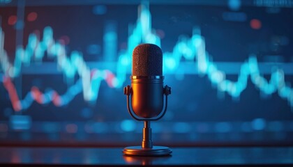 Retro microphone in front of glowing blue stock market chart. Ideal for podcasts, radio, financial news, or business broadcasts. Symbolizes investment, economy, and market trends.