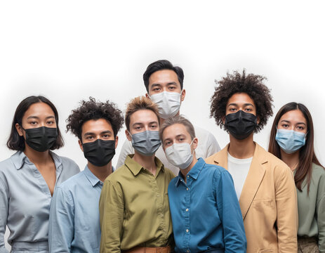 Diverse startup business team wear face masks for protection against virus. People practice new normal safety, togetherness, oneness against corona infection. Group exhibits diversity, ethnicity,