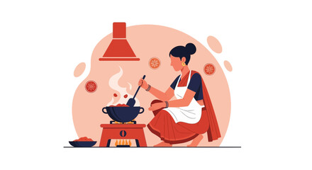 Fototapeta premium Indian Woman Preparing Traditional Meal Over Gas Stove In A Kitchen