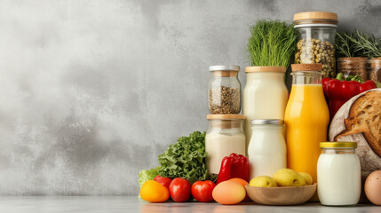 Healthy organic foods with fresh vegetables and dairy products on neutral background. Farm-to-table and natural ingredients concepts