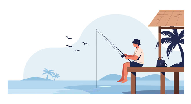 Serene Coastal Fishing Scene With Angler Relaxing On Dock At Tranquil Shore