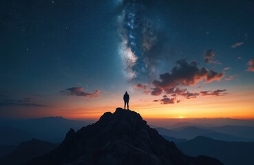 Fototapeta premium Man on mountain peak gazes at cosmos, Milky Way galaxy visible in night sky. Sunset colors blend with stars. Reflects achievement, exploration, vast universe, human ambition.