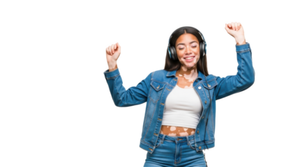 A woman with vitiligo wearing headphones and a denim jacket dancing with her arms raised in the air
