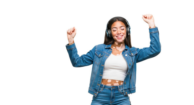 A woman with vitiligo wearing headphones and a denim jacket dancing with her arms raised in the air