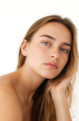 Fototapeta premium Portrait of beautiful young girl with smooth clear skin and natural beauty. Tender look, no makeup. Concept skincare, health, wellness, cosmetic treatment. White studio background.