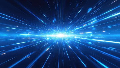 Obraz premium Abstract blue gradient background with glowing light rays suggesting futuristic CG motion. Experience digital speed, advanced technology with bright light lines creating sense of cyberspace, dynamic