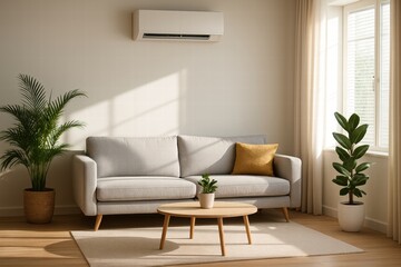 Bright and Airy Living Room with a Cozy Sofa, Potted Plants, and Natural Light Streaming Through the Windows