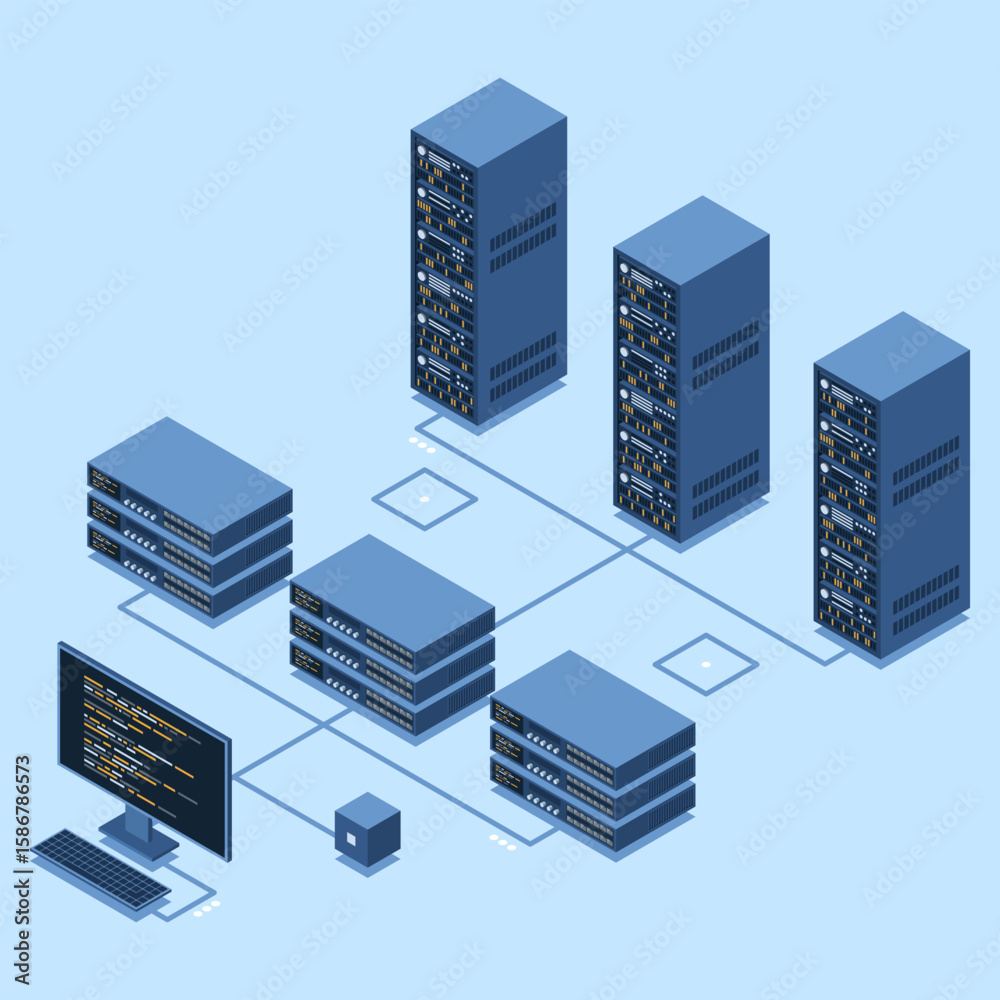 Wall mural isometric monitoring big data storage. data transmission technology. online hosting technology conce