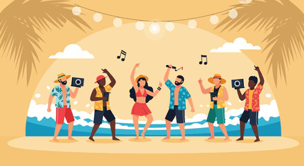 Fototapeta premium Joyful Beach Party Scene With Diverse Friends Enjoying Tropical Summer Vacation
