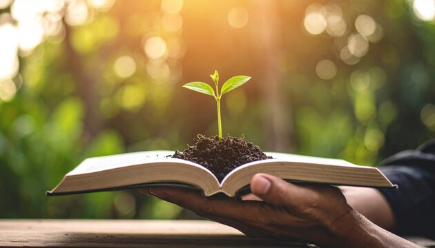 Hand Holding Open Book With Young Sprout