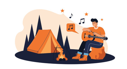 Fototapeta premium Relaxing Camping Trip With Guitarist And Campfire Under The Starry Night