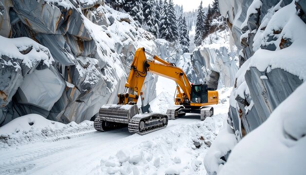 Excavator working in a snowy mountain tunnel