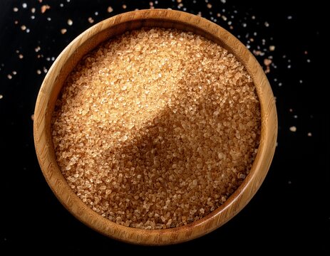 close up of brown sugar granules filling a round wooden bowl against a black background studio shot isolated on white background