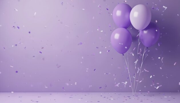 Purple balloons float against soft purple background with falling confetti. Celebratory image offers ample text space, perfect for birthday, party, special event announcements. Festive atmosphere,