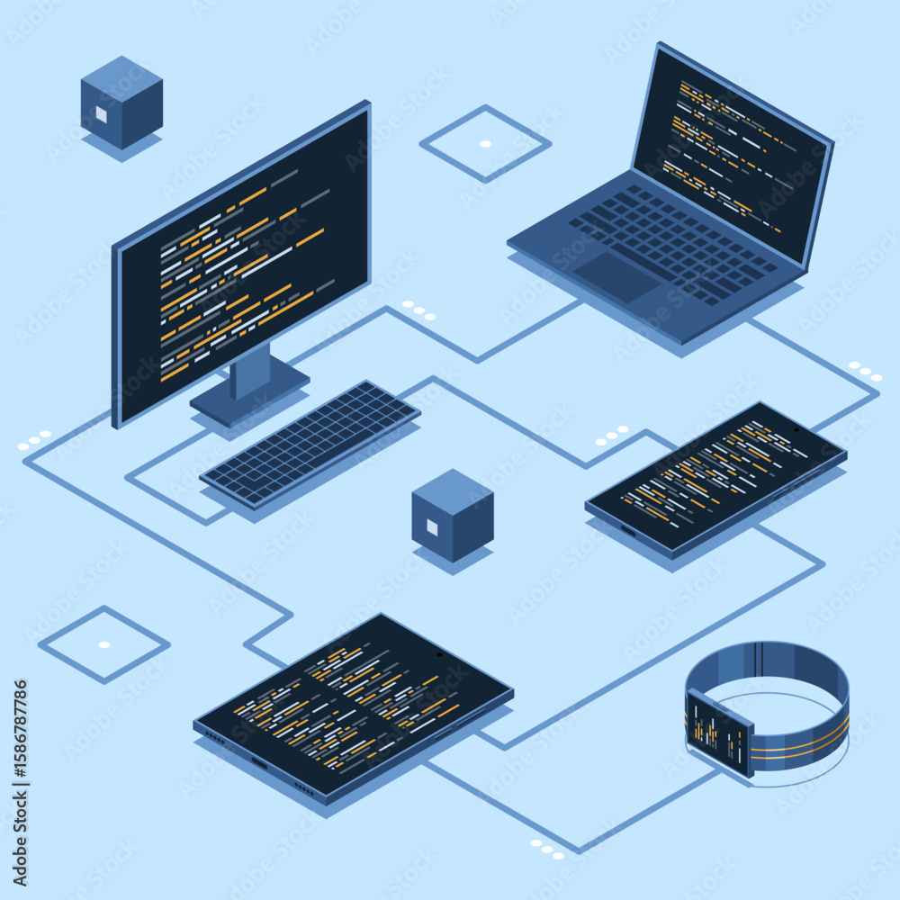 Poster isometric transfer data between different devices. synchronizing data between laptop, smartphone, ta