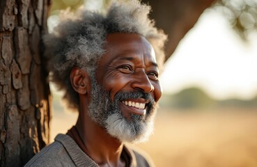 Close-up portrait of smiling older African American man with grey hair, beard, leaning against tree trunk. Natural sunlight illuminates face, creating warm, authentic mood. Image conveys wisdom, joy,