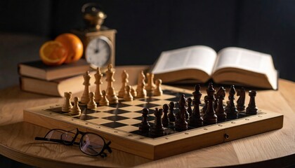 Chessboard On Wooden Table With Books And Oranges