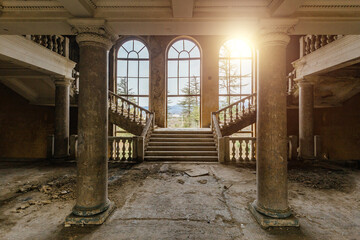 Large entrance hall with columns in old abandoned mansion, Sanatorium Imereti, Tskaltubo
