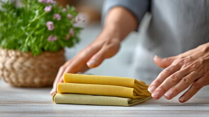 Hand arranging and folding reusable beeswax food wrap guide for sustainable, eco friendly, zero waste kitchen