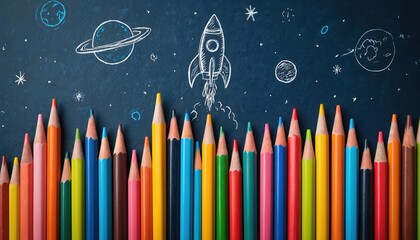 Colorful pencils draw space rocket, planets on dark chalkboard. Inspires children education, imagination, creativity for learning. Back to school, science, astronomy, art supply concept.