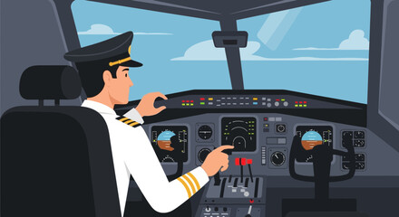 Pilot Operating The Airplane In Cockpit During Flight Conceptual Illustration