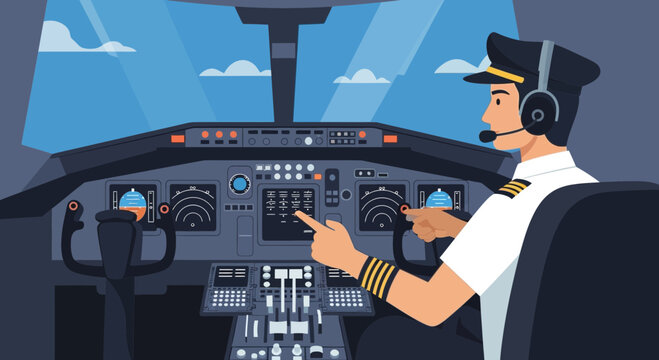 Pilot Operating Controls Inside Airplane Cockpit With Blue Sky View Illustration