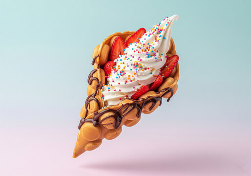 bubble waffle cone flying with toppings on white for dessert concept