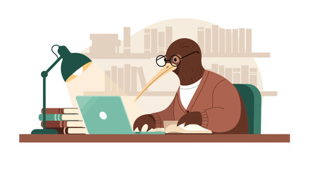 Kiwi Scholar Focused On Online Research Studying On Laptop Illustration