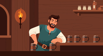 Laughing Tavern Keeper Relaxing Behind The Counter With Mugs Of Beer