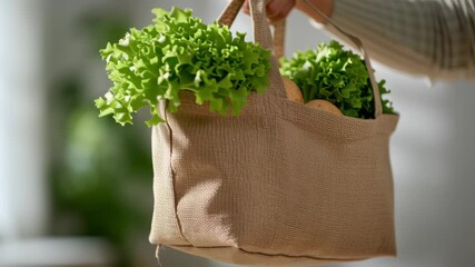 Hand holding jute shopping bag with fresh organic lettuce and potatoes, eco friendly vegetable grocery concept for healthy