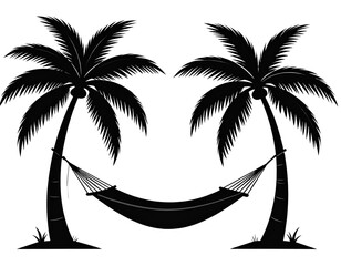 Clean black silhouette of a hammock strung between two evenly spaced palm trees with