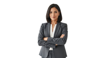 Portrait of a confident business woman in a gray suit with her arms crossed on a black background