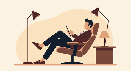 Modern Businessman Relaxing With Tablet In Comfortable Chair At Home Or Office