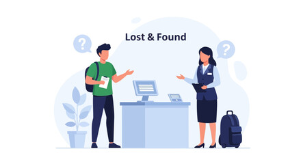 Lost Luggage In Airport Customer Service Counter With Questions Illustration