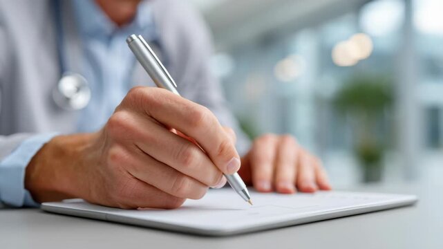 Doctor hand with pen writing on digital tablet, close up, modern technology, healthcare professional focus, medical office indoor