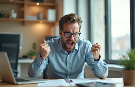 Frustrated man in light blue shirt screams with hands clenched, sitting at office desk in front of laptop. Overwhelmed by workplace stress, business failure, feeling angry, irritated during work.