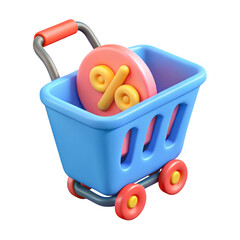 3d shopping cart with percentage symbol isolated on transparent background