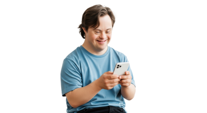 Man with down syndrome smiling while looking at a cell phone in his hands on a black background