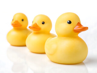 Three yellow rubber ducks in a row on a white surface with orange beaks and black eyes looking cute