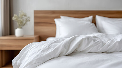 White bedding with pillows on wooden bed in cozy bedroom
