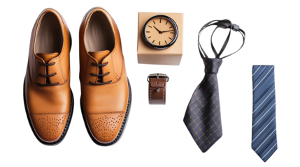 Father’s Day greeting card flat lay with men’s gift box, watch, tie, and shoes isolated on transparent background