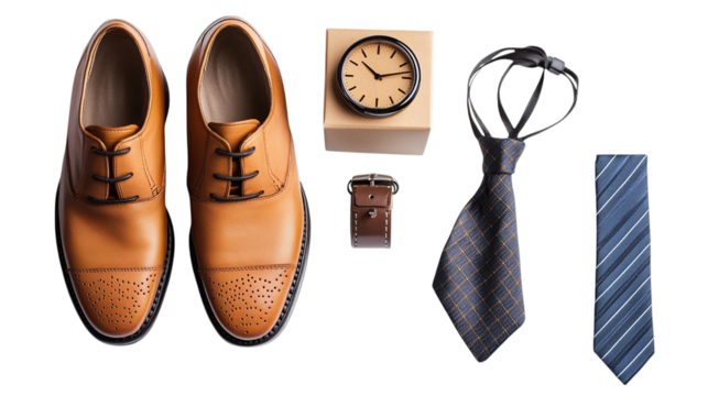 Father’s Day greeting card flat lay with men’s gift box, watch, tie, and shoes isolated on transparent background 