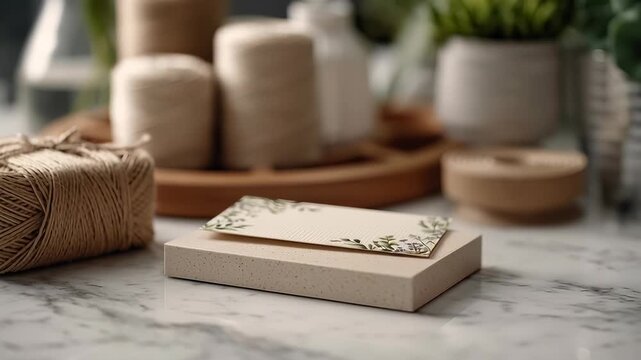 Hand placing natural botanical business card into creative wooden box. Rustic branding mockup with twine decor