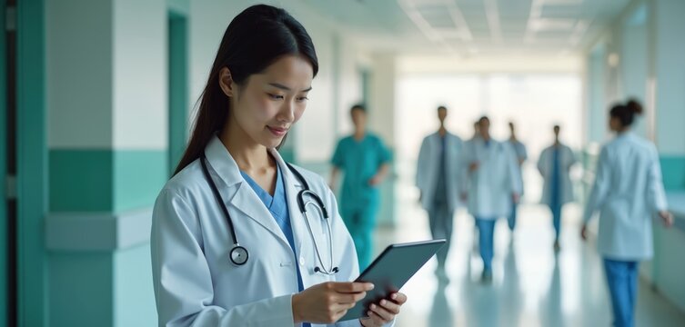 Asian female doctor in white coat with stethoscope uses tablet in hospital corridor. Medical staff walk in background. Focus on healthcare pro browsing digital data for complex case, connected