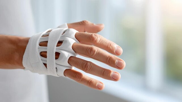 Futuristic medical hand brace providing robotic support and gentle care for advanced rehabilitation and injury recovery